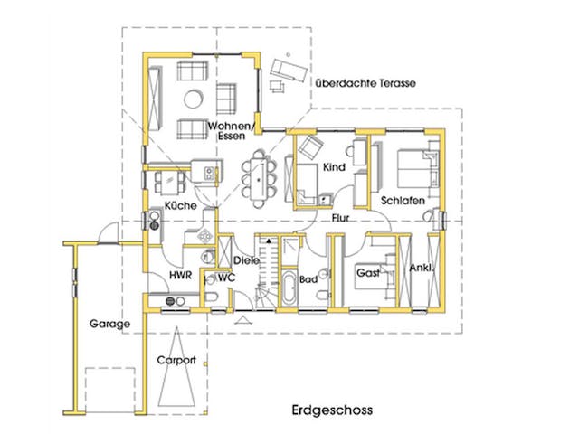Fertighaus Rosi 2 (KfW-Effizienzhaus 40 EE) von Dammann-Haus Schlüsselfertig ab 372600€, Bungalow Grundriss 1 Fertighaus Rosi 2 (KfW-Effizienzhaus 40 EE) von Dammann-Haus Schlüsselfertig ab 372600€, Bungalow Grundriss 1