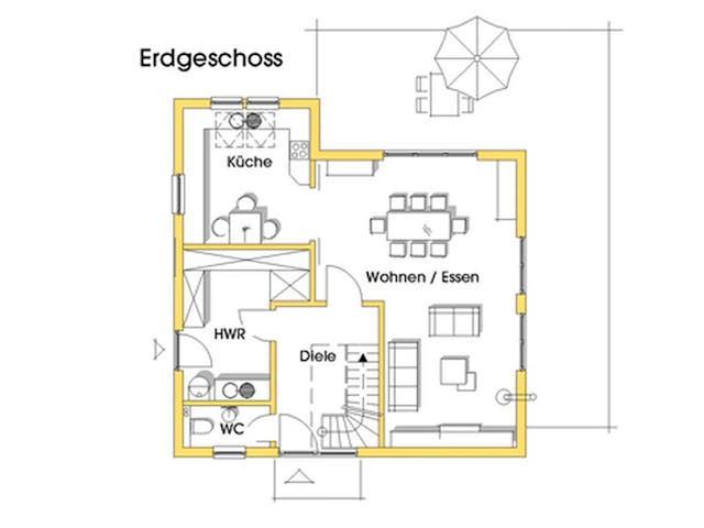 Fertighaus Steffy (KfW-Effizienzhaus 40 EE) von Dammann-Haus Schlüsselfertig ab 336800€, Satteldach-Klassiker Grundriss 1