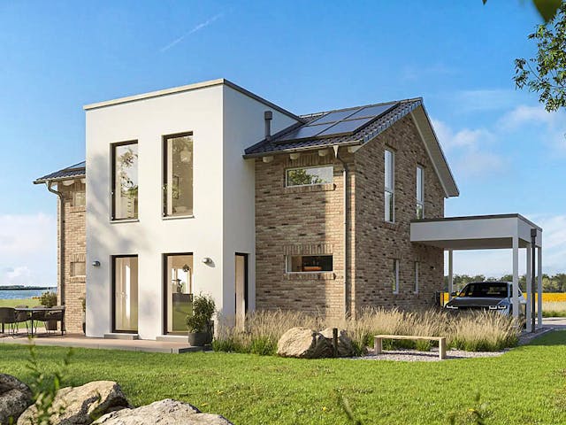 Fertighaus Dreamline-E-123 E5 von Danhaus Deutschland, Satteldach-Klassiker Außenansicht 1