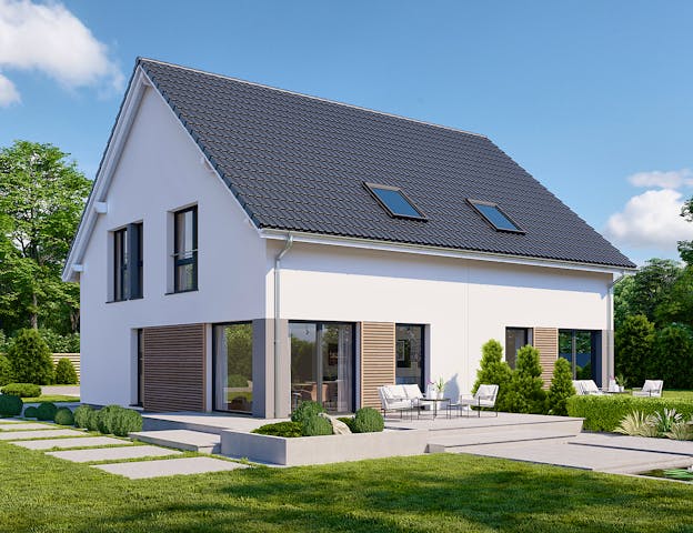Bei dieser kostengünstigen Fertighaus-Doppelhaushälfte beinhaltet der Hauspreis bereits Maler- & Fliesenarbeiten, Sanitärinstallation, Fußböden, elektrische Rollläden und sogar eine Luft-Wasser-Wärmepumpe mit Fußbodenheizung und zentraler Lüftungsanlage mit Wärmerückgewinnung. Bodenplatte, Grundstück, Baunebenkosten und Außenanlage sind dagegen nicht enthalten.