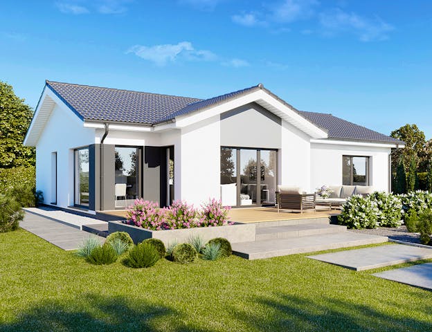 Schlüsselfertiger Satteldach-Bungalow in Fertigbauweise von Danwood inklusive Malerarbeiten, Bodenbeläge und Haustechnik