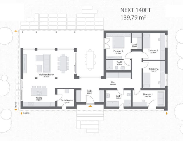 Modulhaus Grundriss mit 3 Schlafzimmern