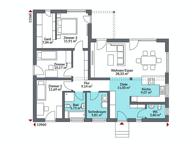 Fertighaus Perfect 113 von Danwood Schlüsselfertig ab 261600€, Bungalow Grundriss 1