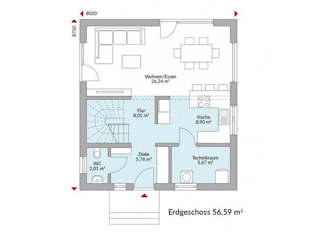 Fertighaus Point 110 von Danwood Schlüsselfertig ab 253200€, Satteldach-Klassiker Grundriss 1