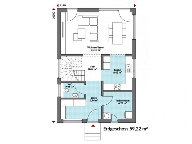 Fertighaus Point 116 von Danwood Schlüsselfertig ab 241600€, Satteldach-Klassiker Grundriss 1