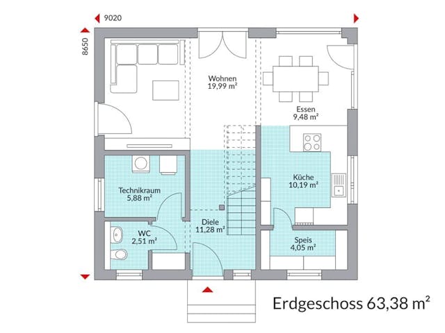 Fertighaus Point 121 von Danwood Schlüsselfertig ab 288200€, Satteldach-Klassiker Grundriss 1