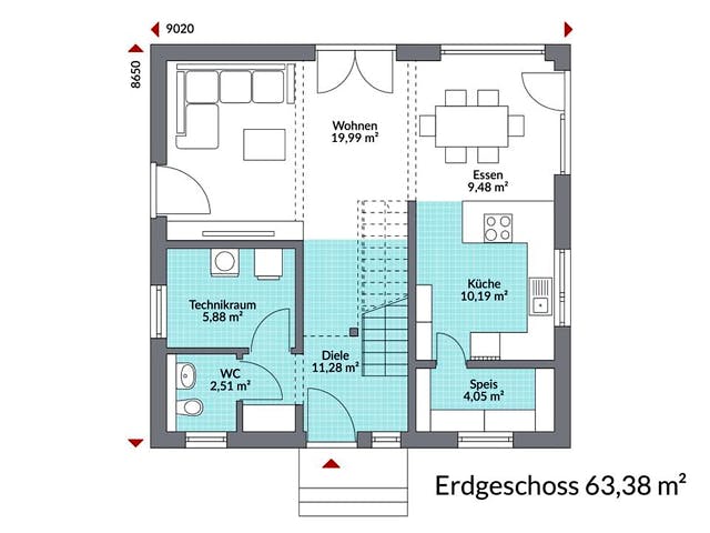 Fertighaus Point 121 von Danwood Schlüsselfertig ab 258000€, Satteldach-Klassiker Grundriss 1