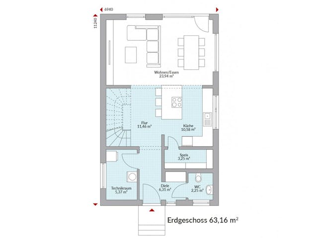 Fertighaus Point 124 von Danwood Schlüsselfertig ab 272600€, Satteldach-Klassiker Grundriss 1