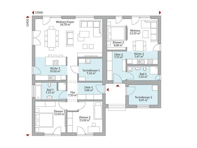 Fertighaus Privat 148 von Danwood Schlüsselfertig ab 351900€, Bungalow Grundriss 1