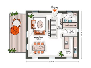 Massivhaus ICON 3 City mit Satteldach von Dennert Massivhaus Ausbauhaus ab 261808€, Satteldach-Klassiker Grundriss 1