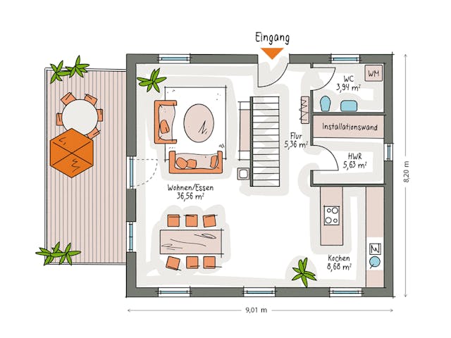 Massivhaus ICON 3+ mit Quergiebel von Dennert Massivhaus Ausbauhaus ab 264988€, Satteldach-Klassiker Grundriss 1