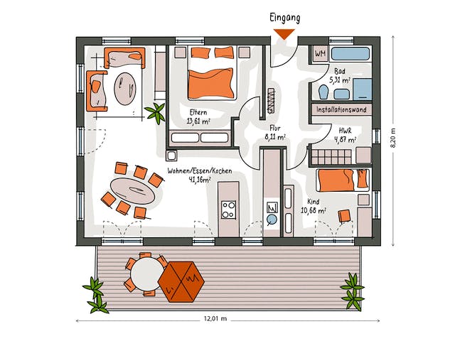 Massivhaus ICON Bungalow von Dennert Massivhaus Ausbauhaus ab 219870€, Bungalow Grundriss 1