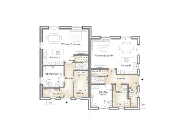 Massivhaus DOPPELHAUS 125 von Kähler Massivhaus Schlüsselfertig ab 327495€, Stadtvilla Grundriss 1