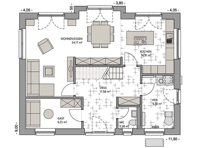 Massivhaus Giebelhaus 170 von ECO System HAUS, Satteldach-Klassiker Grundriss 1