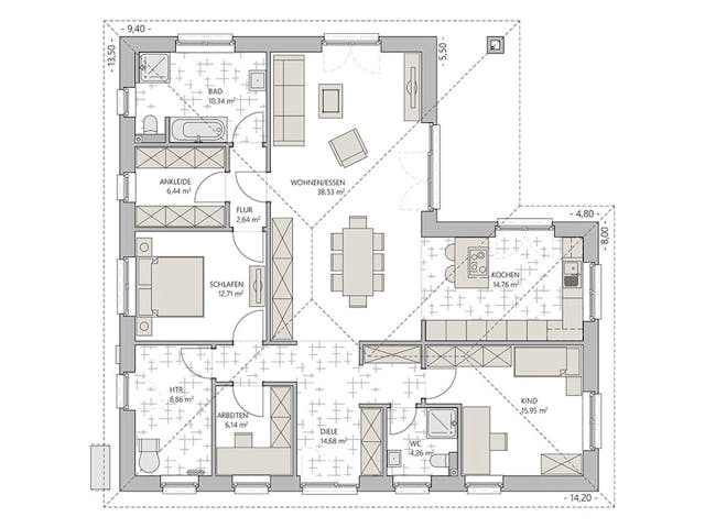 Massivhaus Winkelbungalow 135 von ECO System HAUS Schlüsselfertig ab 305000€, Bungalow Grundriss 1