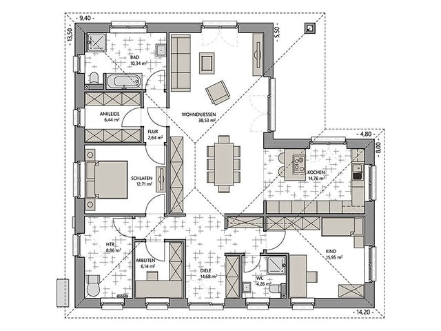 Massivhaus Winkelbungalow 135 von ECO System HAUS, Bungalow Grundriss 1