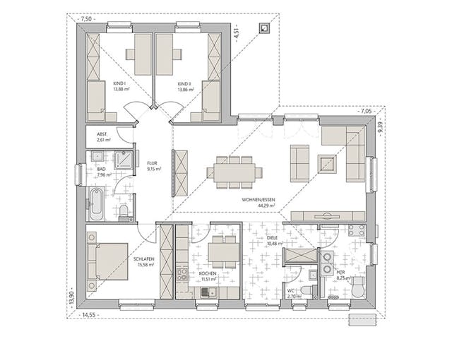 Massivhaus Winkelbungalow 140 von ECO System HAUS Schlüsselfertig ab 306800€, Bungalow Grundriss 1