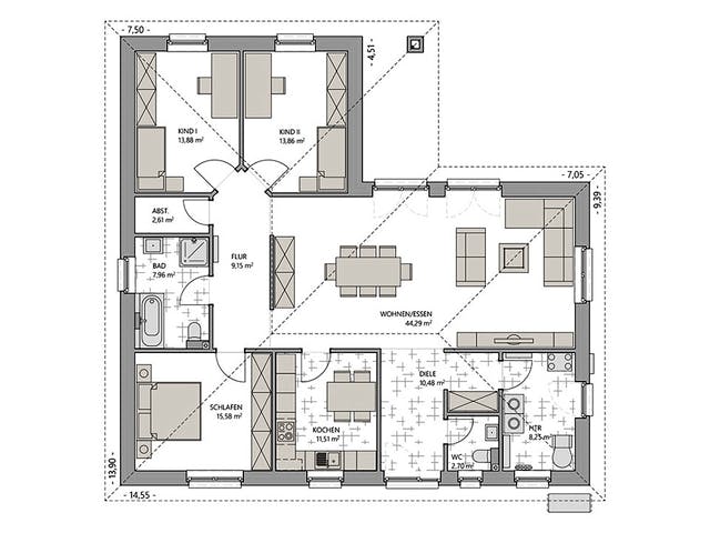 Massivhaus Winkelbungalow 140 von ECO System HAUS, Bungalow Grundriss 1