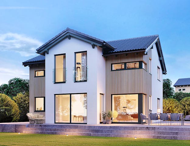Dem fertigen Haus sieht man die Bauweise nicht unbedingt mehr an. Haus in Holzrahmenbauweise von ELK Fertighaus