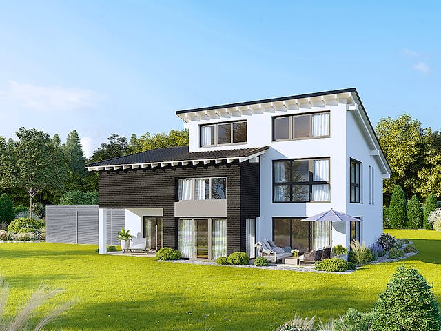 Massivhaus Creativ Sun 211 edition von FAVORIT Massivhaus Schlüsselfertig ab 515850€, Pultdachhaus Außenansicht 1