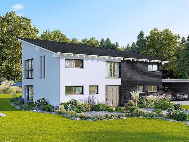 Massivhaus Creativ Sun 211 edition von FAVORIT Massivhaus Schlüsselfertig ab 515850€, Pultdachhaus Außenansicht 2