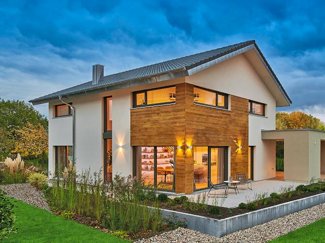 Fertighaus MH Poing - Balance von Fertighaus WEISS Schlüsselfertig ab 526732€, Satteldach-Klassiker Außenansicht 1