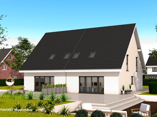 Massivhaus Finesse 129 von FAVORIT Massivhaus Schlüsselfertig ab 318520€, Satteldach-Klassiker Außenansicht 1