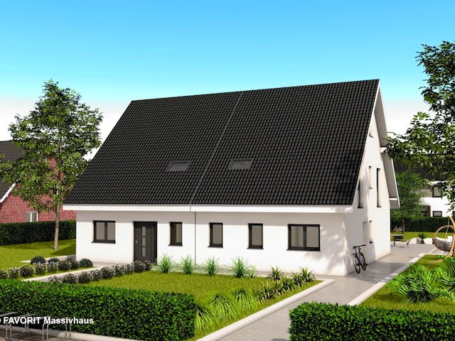 Massivhaus Finesse 129 von FAVORIT Massivhaus Schlüsselfertig ab 318520€, Satteldach-Klassiker Außenansicht 2