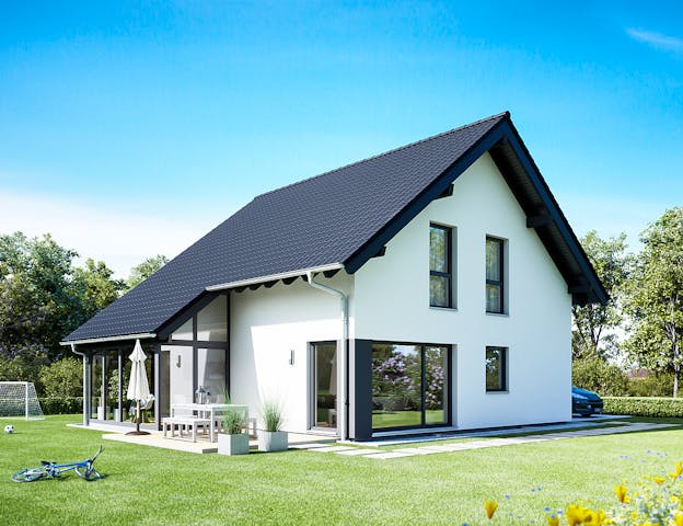 Schlüsselfertiges Satteldachhaus mit Schleppdach über Wintergarten von FingerHaus