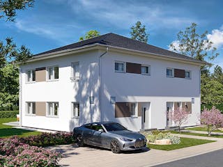 Fertighaus Doppelhaus Duett 125 von FINGERHUT HAUS Zwei- & Mehrfamilienhäuser Schlüsselfertig ab 395584€, Außenansicht 2
