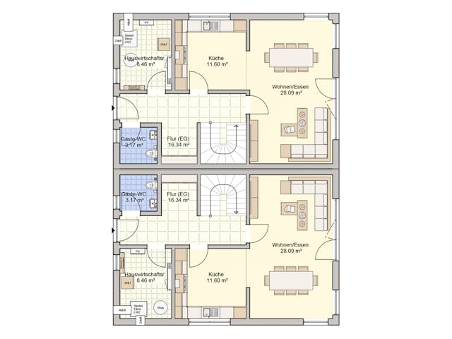 Fertighaus Doppelhaus Duett 128 von FINGERHUT HAUS Zwei- & Mehrfamilienhäuser Schlüsselfertig ab 385236€, Grundriss 1