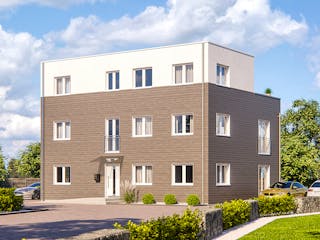 Fertighaus Haas Mehrfamilienhaus mit 3 Wohneinheiten und Flachdach von Haas Fertigbau - Mehrfamilienhäuser, Außenansicht 2