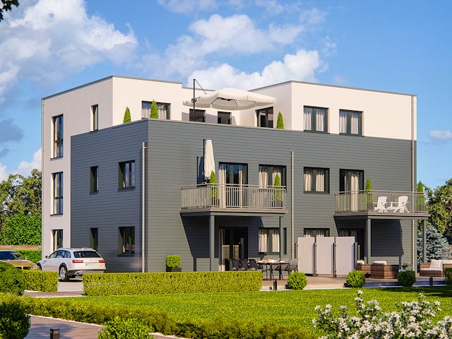 Fertighaus Haas Mehrfamilienhaus mit 5 Wohneinheiten und Flachdach von Haas Fertigbau - Mehrfamilienhäuser, Außenansicht 1