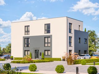 Fertighaus Haas Mehrfamilienhaus mit 5 Wohneinheiten und Flachdach von Haas Fertigbau - Mehrfamilienhäuser, Außenansicht 2