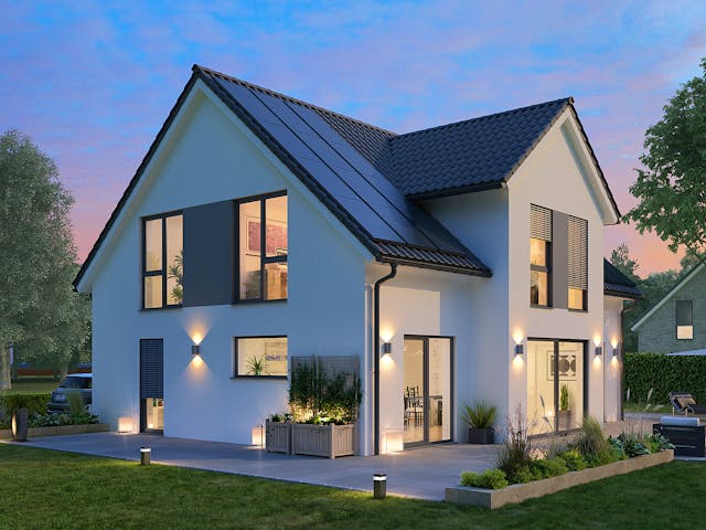Massivhaus Familia 172 von HANNOVER HAUS Schlüsselfertig ab 389900€, Satteldach-Klassiker Außenansicht 1