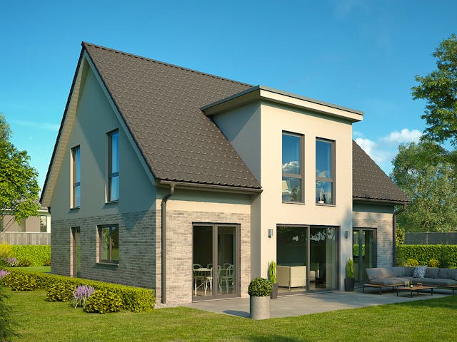 Massivhaus Klassiker 153 von HANNOVER HAUS Schlüsselfertig ab 328500€, Satteldach-Klassiker Außenansicht 1