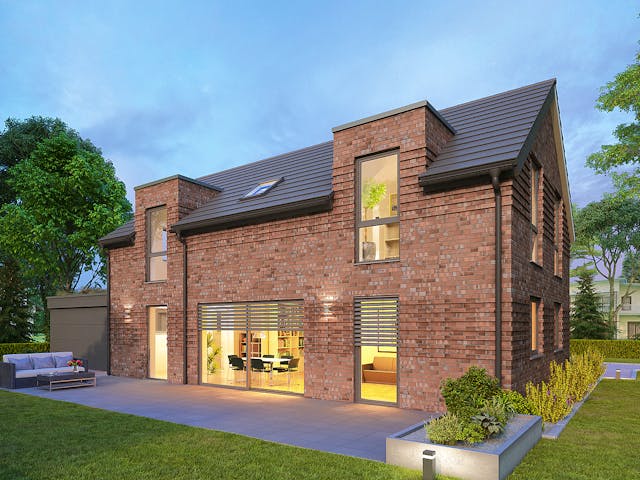 Massivhaus Modern 154 Style von HANNOVER HAUS Schlüsselfertig ab 354500€, Satteldach-Klassiker Außenansicht 1