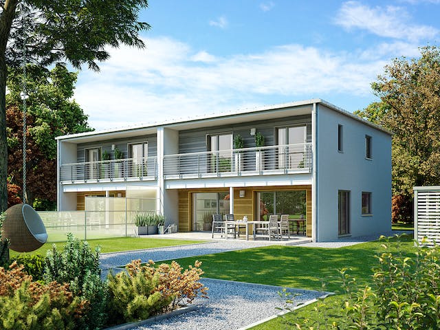 Fertighaus Doppelhaus 135 von Hanse Haus Schlüsselfertig ab 388373€, Cubushaus Außenansicht 1