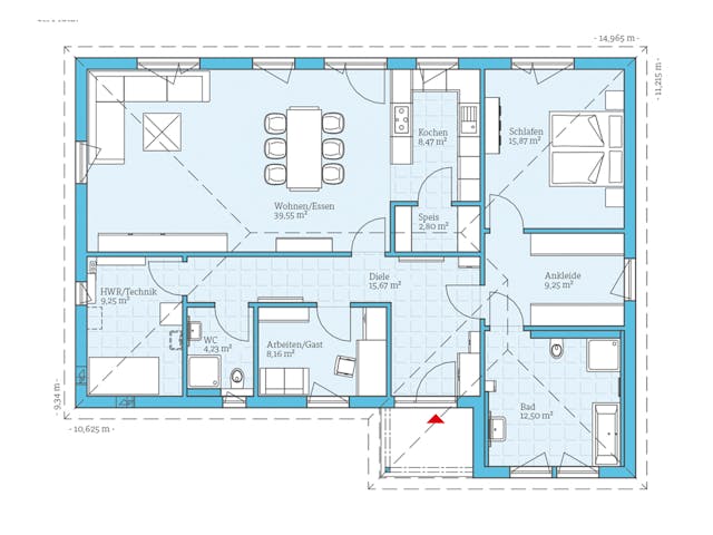 Fertighaus Bungalow 126 von Hanse Haus Schlüsselfertig ab 409197€, Bungalow Grundriss 1