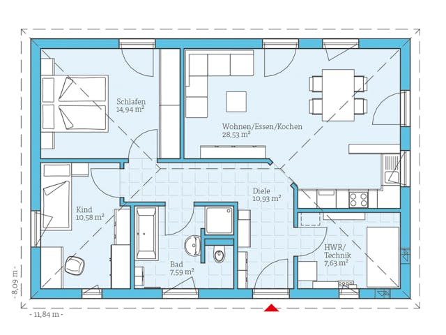 Fertighaus Bungalow 80 von Hanse Haus Schlüsselfertig ab 294827€, Bungalow Grundriss 1