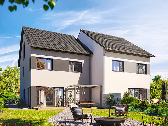 Fertighaus Doppelhaus 164 von Hanse Haus Schlüsselfertig ab 457474€, Satteldach-Klassiker Außenansicht 1 Fertighaus Doppelhaus 164 von Hanse Haus Schlüsselfertig ab 457474€, Satteldach-Klassiker Außenansicht 1
