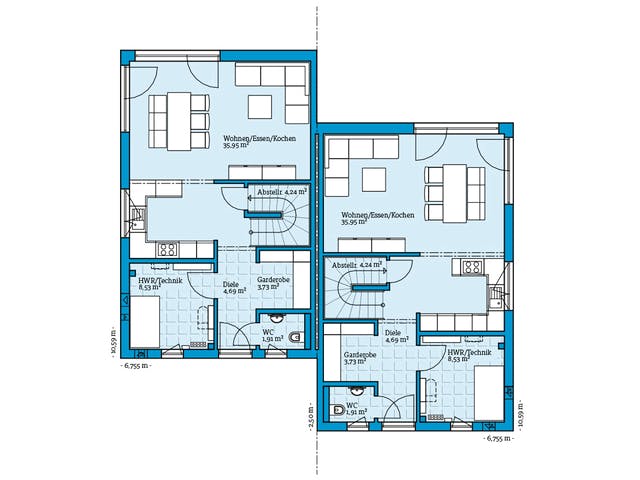 Fertighaus Doppelhaus 164 von Hanse Haus Schlüsselfertig ab 443565€, Satteldach-Klassiker Grundriss 1