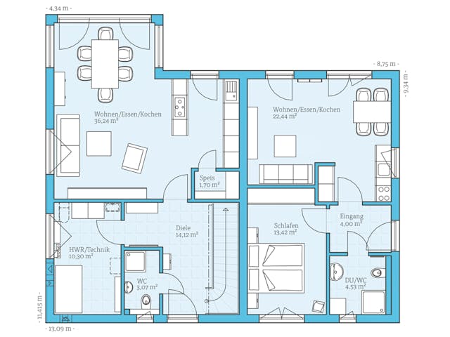 Fertighaus Duo 210 von Hanse Haus Schlüsselfertig ab 535447€, Satteldach-Klassiker Grundriss 1