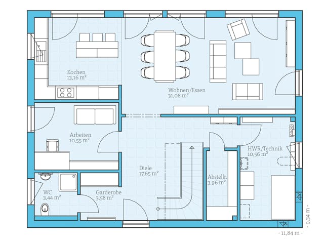 Fertighaus Variant 35-184 von Hanse Haus Schlüsselfertig ab 461339€, Satteldach-Klassiker Grundriss 1 Fertighaus Variant 35-184 von Hanse Haus Schlüsselfertig ab 461339€, Satteldach-Klassiker Grundriss 1