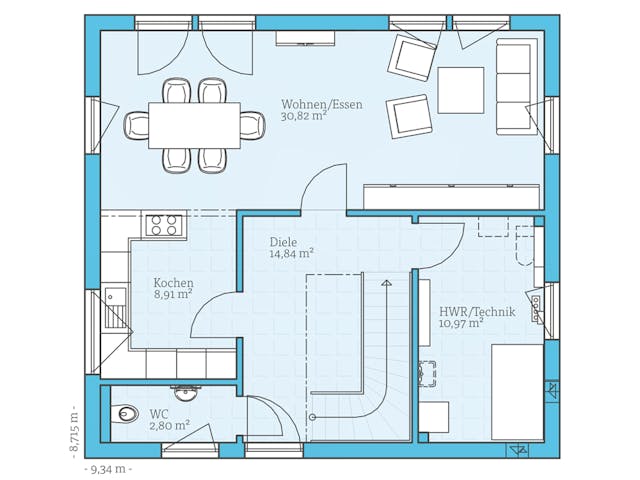 Fertighaus Villa 134 von Hanse Haus, Stadtvilla Grundriss 1