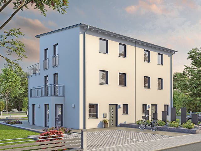 Massivhaus DHH Stadtvilla 176 von hebelHAUS, Pultdachhaus Außenansicht 1