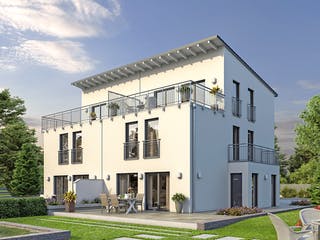 Massivhaus DHH Stadtvilla 176 von hebelHAUS, Pultdachhaus Außenansicht 2