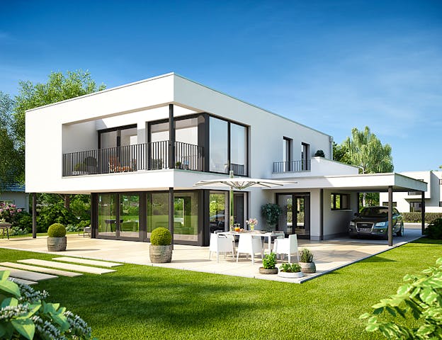 Modernes Haus mit Flachdach und großen Fensterfronten