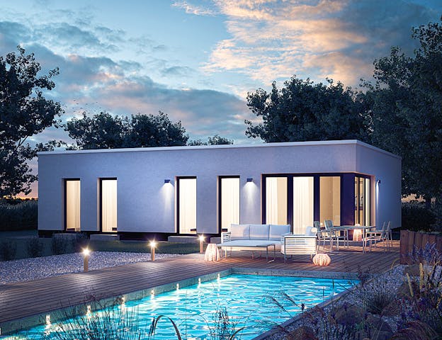 Modernes Haus mit Flachdach und großen Fensterfronten