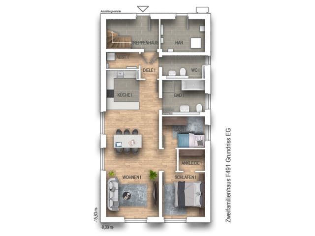 Massivhaus Zweifamilienhaus 491 von Heinz von Heiden Zentrale Schlüsselfertig ab 457860€, Satteldach-Klassiker Grundriss 1